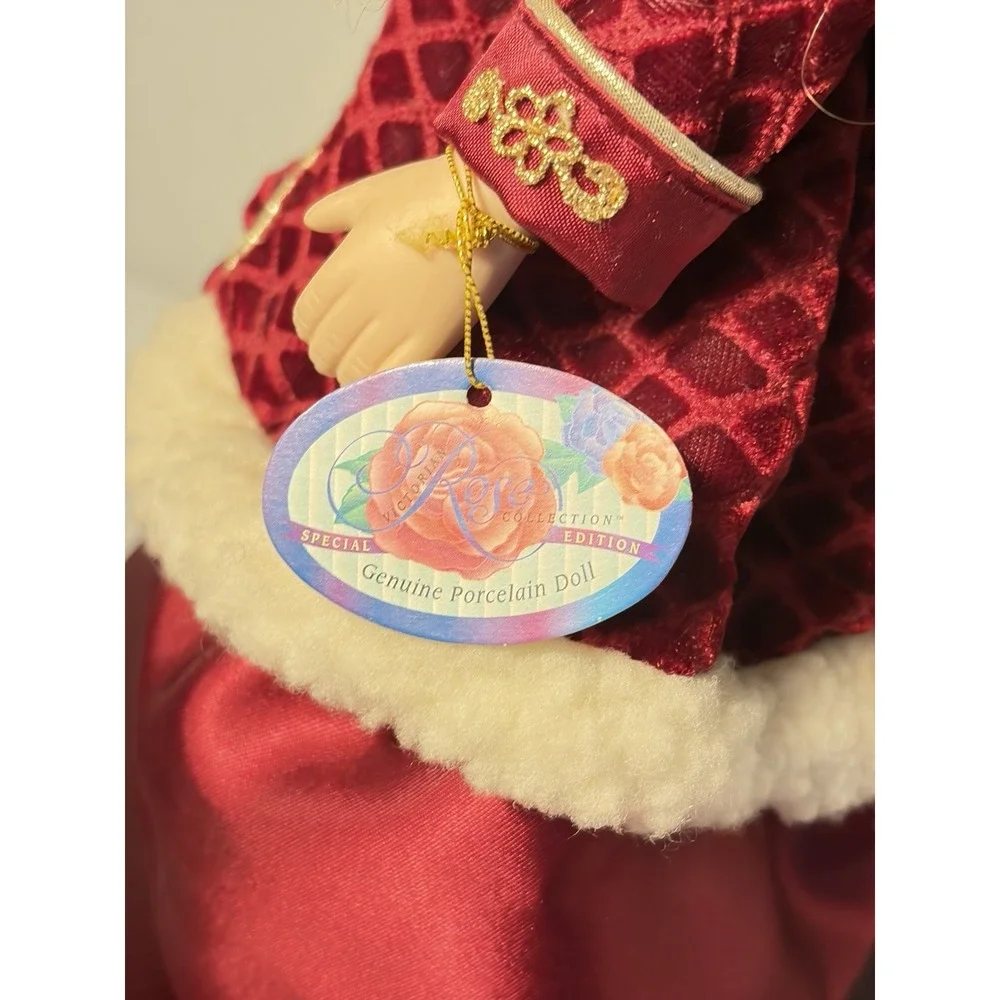 Victorian Rose Collection Porcelain Doll- Blonde Curls - Burgundy Velvet Dress